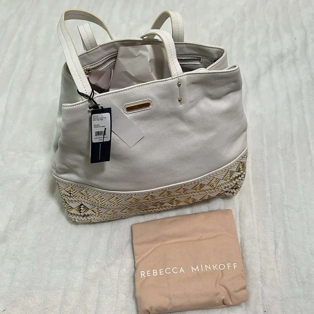Rebecca Minkoff White and Gold Woven-Trim Leather Tote NWT